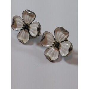 TRIFARI Floral Clip-On Earrings White Enamel Silver Tone Flower
